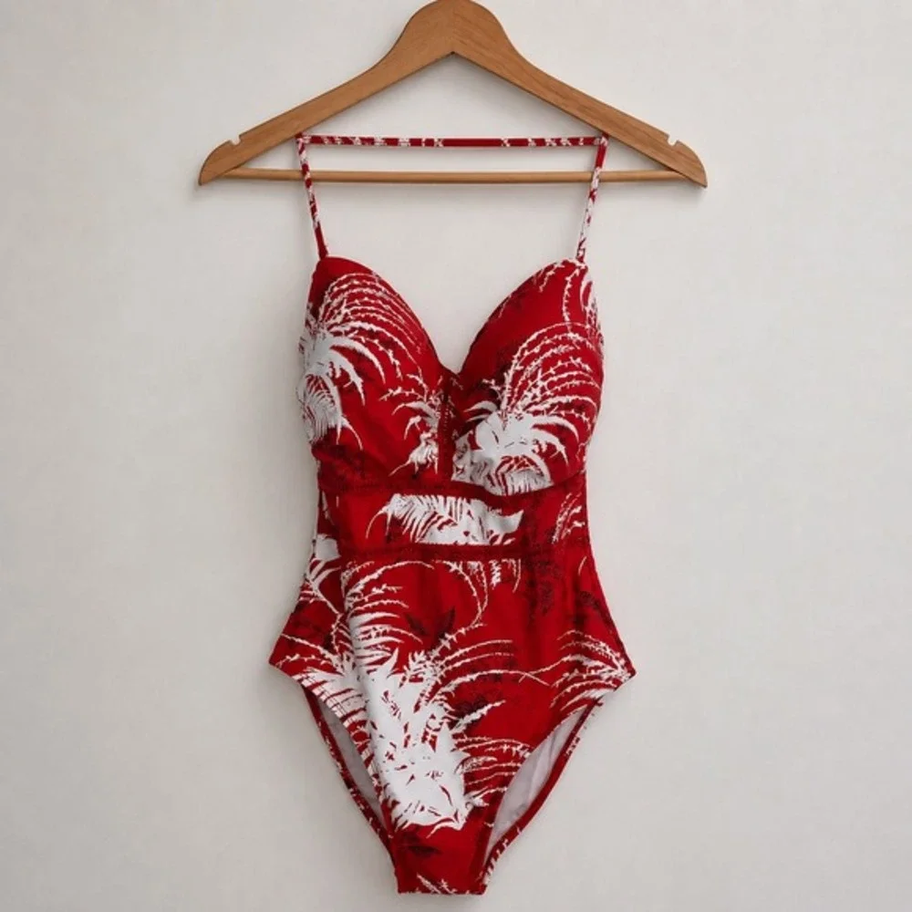 La Blanca Go Bold Bandeau One Piece Swimsuit Sz 10 Red White Palm Tummy Control